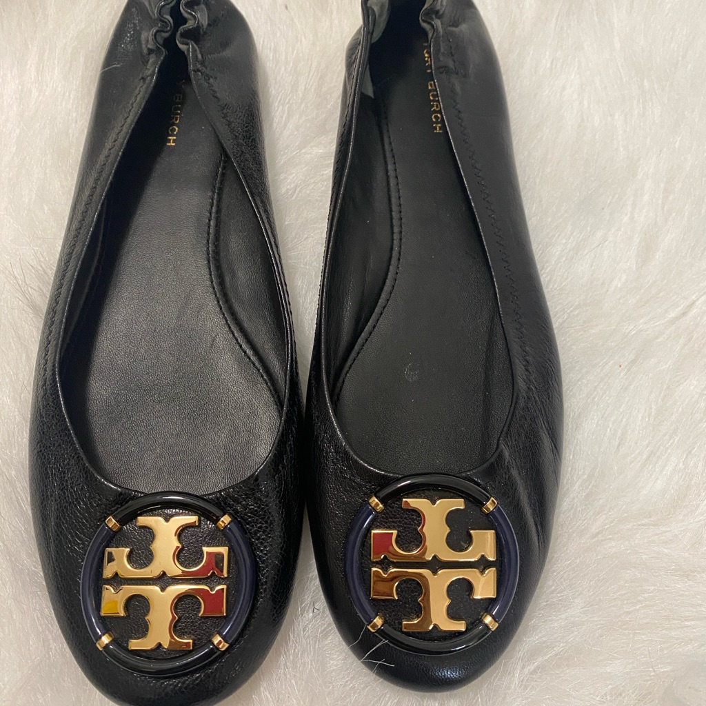 Nwob Auth. Tory Burch Enamel Perfect Black Leather Flats With Gold Logo Size 8